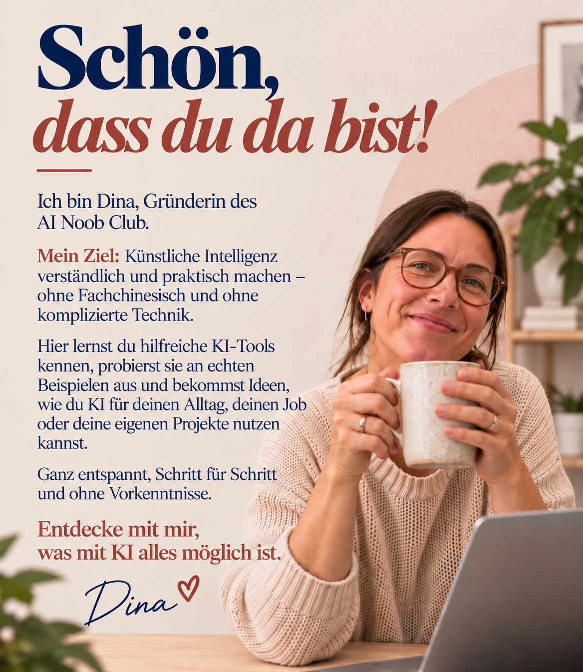 Meet your host: Dina, Gründerin des AI Noob Club, mit einer Tasse Kaffee am Laptop